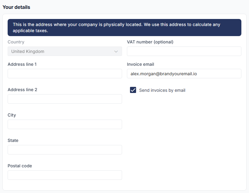 Your details form with country, address, VAT number and invoice email fields, and Send invoices by email ticked.