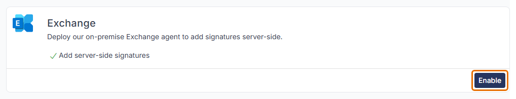 Exchange integration card on the Integrations page with the Enable button highlighted.
