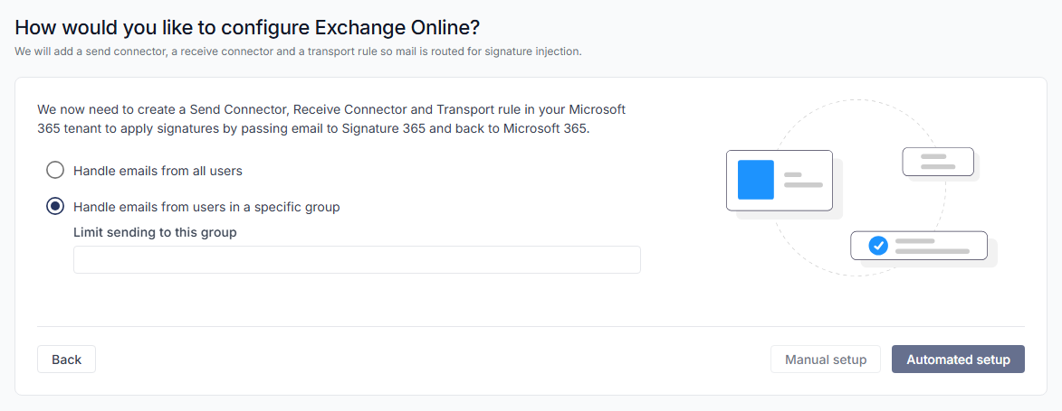 The How would you like to configure Exchange Online step with Handle emails from users in a specific group selected and the group box empty.