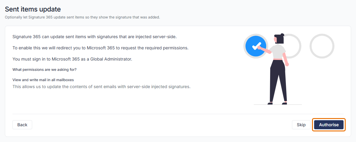 The Sent items update step with Back, Skip and Authorise buttons and the Authorise button highlighted.