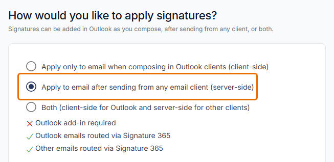 The setup wizard step asking how you would like to apply signatures, with the server-side option selected.