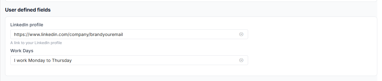 User defined fields section with editable LinkedIn profile and Work Days values.